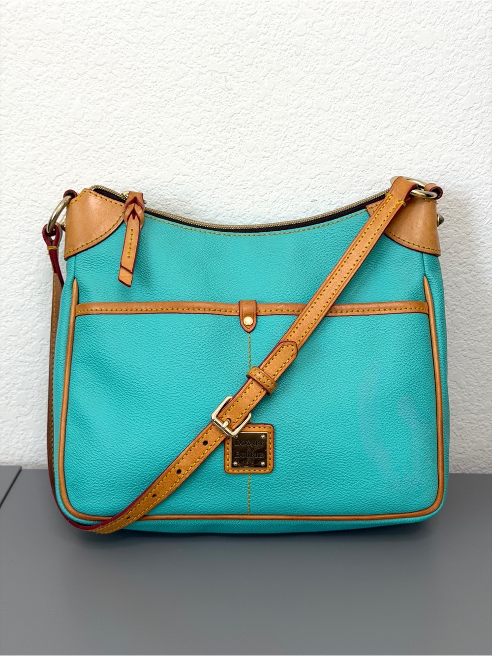 Dooney and Bourke Kimberly Crossbody in Turquoise Pebble Grain Leather Tan Trim